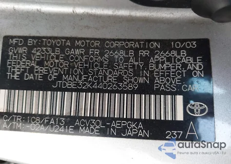 2004 Toyota Camry Xle z USA, uszkodzony, nr VIN JTDBE32K440263589